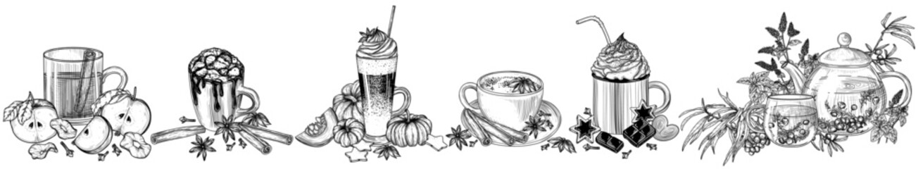 Vector set of 6 autumn drinks. Sea buckthorn tea, marshmallow cocoa, apple cider, spiced tea latte, hot chocolate with cream, pumpkin spice latte