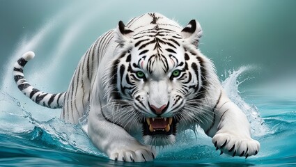 Obraz premium close up white tiger swim and even hunt in water. with a fierce face expression