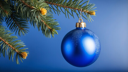 A blue New Year's toy with a matte texture hangs on a green pine branch on a blue background. The toy reflects light, creating highlights and shadows, which gives it depth