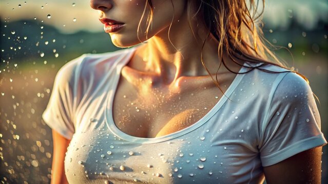 A close-up of a wet T-shirt glistening with water droplets, showcasing texture and curves under soft, natural light,