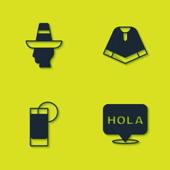 Set Mexican man sombrero, Hola, Tequila glass with lemon and Poncho icon. Vector © vector_v