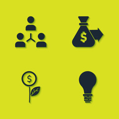 Set Project team base, Light bulb with concept of idea, Dollar plant and Money bag icon. Vector