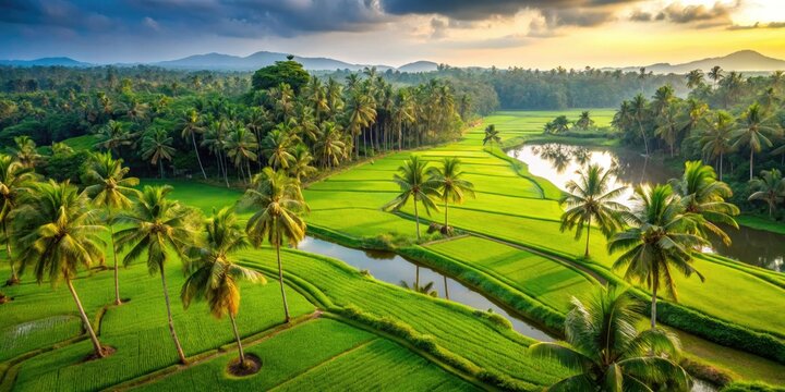 Aerial view of emerald rice paddies and swaying palm trees in Kerala's picturesque Kottayam district, where nature's serenity is palpable.