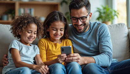 Fototapeta premium Enjoying online communication, shopping, booking on Internet, making order. Family resting with cellphone on home couch, Happy Arabic parents and two little children using smartphone together, Happy
