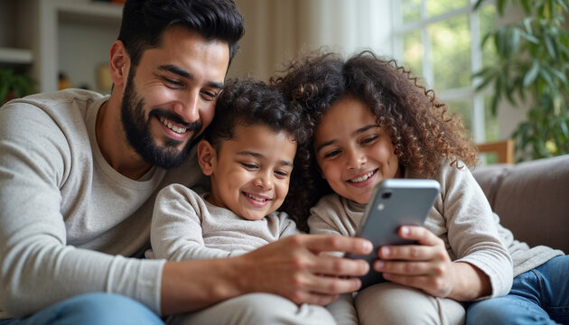 Enjoying online communication, shopping, booking on Internet, making order. Family resting with cellphone on home couch, Happy Arabic parents and two little children using smartphone together, Happy