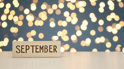September typography written with wooden letter - new month bokeh background. 
