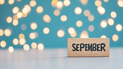September typography written with wooden letter - new month bokeh background. 