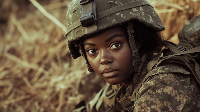 A determined female soldier wearing full combat gear and helmet, crouching in a dry outdoor environment, ready for action.