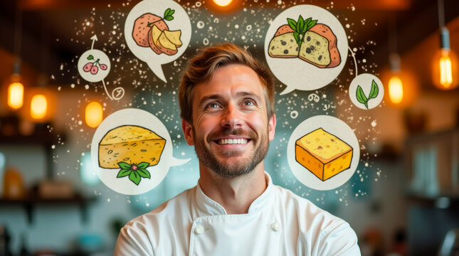 A chef stands in a warmly lit kitchen, contemplating various ingredients and dishes. He smiles as thoughts of flavor combinations surround him, showcasing his passion for cooking