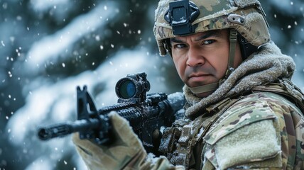 Naklejka premium A determined soldier aims his rifle while standing in a snowy battlefield, ready for combat in freezing conditions.