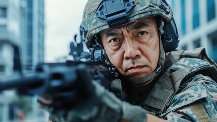 A determined soldier aims his rifle in a tense urban combat scenario, showcasing precision, focus, and military readiness in a city environment.