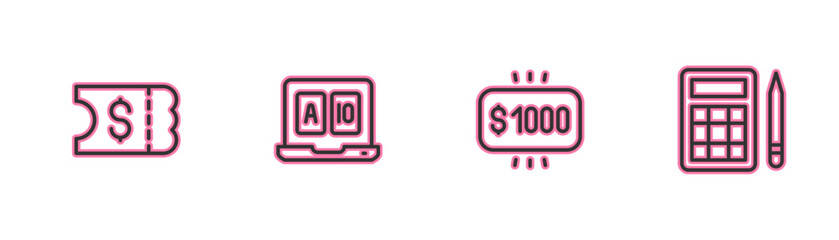 Set line Lottery ticket, Money prize in casino, Online poker table game and Bingo card icon. Vector
