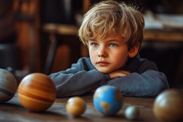 Fototapeta premium Pupils at school study models of poanets in science class. World Space Day.