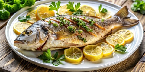 A grilled fish plate sits proudly in focus, its scales glistening in the light as lemon wedges and a sprinkle of parsley add a pop of bright color and freshness.