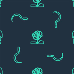 Set line Planting tree in the ground, Sickle and Garden trowel spade or shovel on seamless pattern. Vector