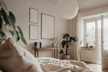 Blank wooden frame mockups in nordic contemporary scandinavian bedroom interior. Empty template of three posters or wall arts mock up din A ratio, home interior in beige tones, white wall background