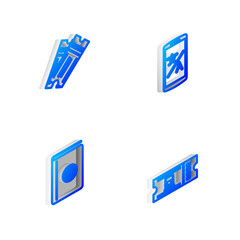 Set Isometric line Online translator, Ticket, Cover book travel guide and Train ticket icon. Vector
