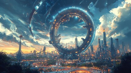 Futuristic City with Ring Structure and Sunset.