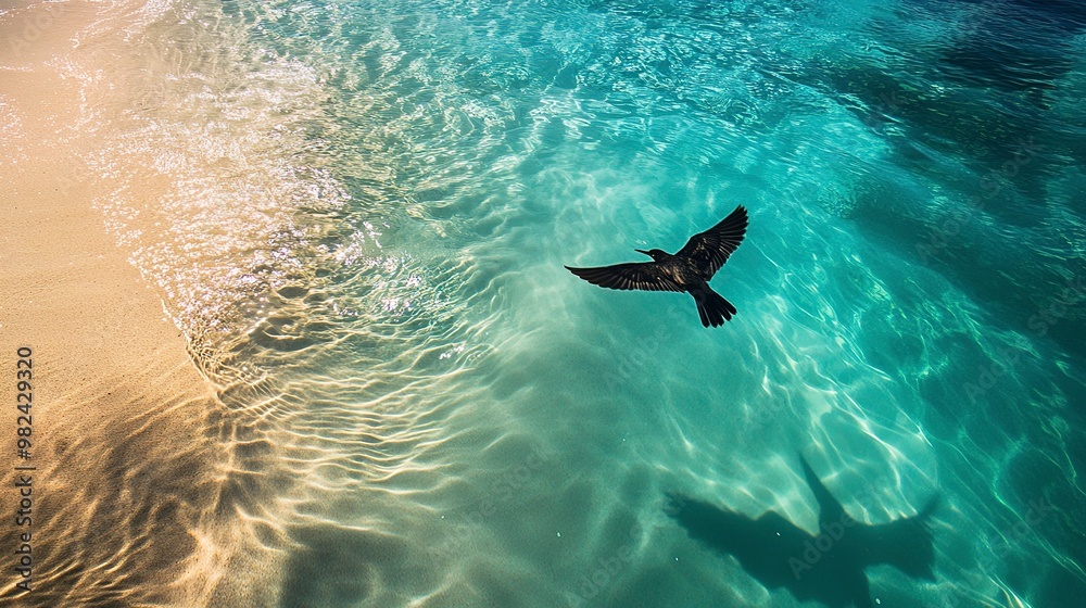 Canvas Prints A bird flies over crystal clear turquoise water, casting a shadow on the sandy bottom.