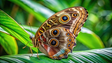 A large, vibrant owl butterfly with striking symmetrical markings alights on a lush green leaf, its wings aflutter in the gentle breeze.