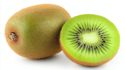 Fototapeta premium A whole kiwi fruit next to a kiwi slice, showing the bright green interior with black seeds, contrasting against the fuzzy brown skin. White background.