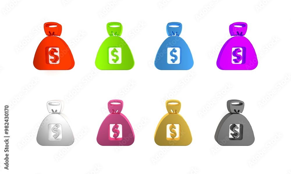 Canvas Prints Colorful Money bag icon isolated on white background. Dollar or USD symbol. Cash Banking currency sign. Minimalism concept. 3D render illustration