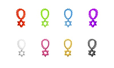 Colorful Star of David necklace on chain icon isolated on white background. Jewish religion symbol. Symbol of Israel. Jewellery and accessory. Minimalism concept. 3D render illustration