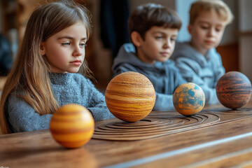Fototapeta premium Pupils at school study models of poanets in science class. World Space Day.