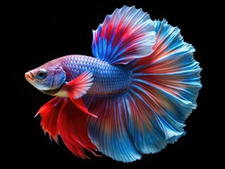 Fototapeta premium A majestic half moon betta fish male glitters with iridescent scales, his flowing fins held high like a regal banner against a serene background.