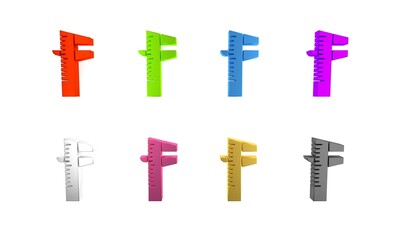 Obraz premium Colorful Calliper or caliper and scale icon isolated on white background. Precision measuring tools. Minimalism concept. 3D render illustration