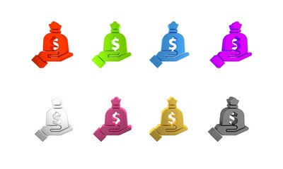 Colorful Hand holding money bag icon isolated on white background. Dollar or USD symbol. Cash Banking currency sign. Minimalism concept. 3D render illustration