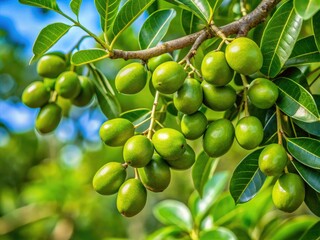 A maringa tree branch unfolds amidst a lush green backdrop, its leaves and burgeoning fruit a vibrant splash of life amidst the verdant surroundings.