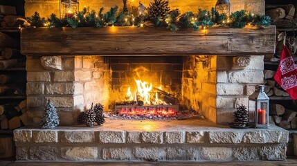 Cozy fireplace decorated with pinecones and lights, creating a warm and inviting atmosphere for winter gatherings.