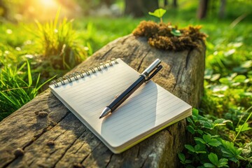 Amidst serene surroundings, a blank notepad and pen emerge, distilling the essence of creative expression, inviting the free flow of thought and idea.