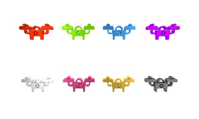 Colorful Drone flying icon isolated on white background. Quadrocopter with video and photo camera symbol. Minimalism concept. 3D render illustration