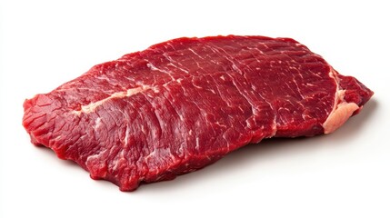 Beef flank steak, raw and rich red in color, isolated on a white background.