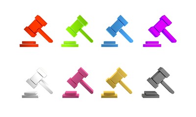Colorful Judge gavel icon isolated on white background. Gavel for adjudication of sentences and bills, court, justice. Auction hammer. Minimalism concept. 3D render illustration
