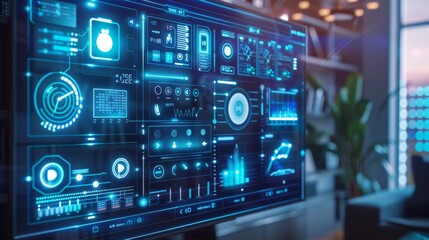 Fototapeta premium Futuristic User Interface On Large Screen In Modern Office.