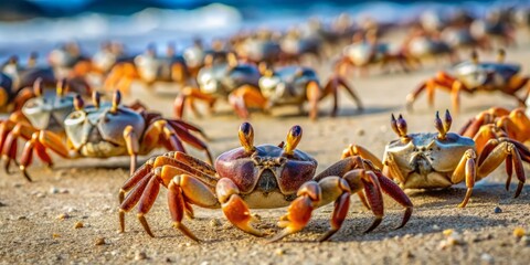Fototapeta premium A kaleidoscope of crabs in various sizes and colors crawls slowly across the sandy surface, their tiny legs