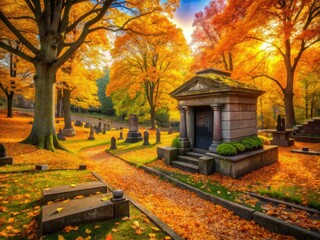 Naklejka premium Ancient raised tomb rises from the earth, shrouded in autumn's fiery glow, as weathered headstones bear the weight of centuries past.