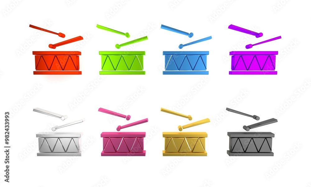 Canvas Prints Colorful Drum with drum sticks icon isolated on white background. Music sign. Musical instrument symbol. Minimalism concept. 3D render illustration