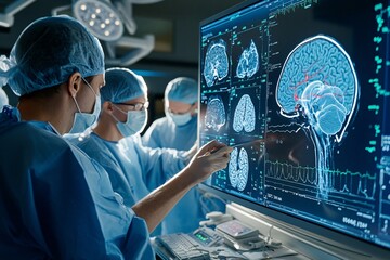 Surgeons Analyzing Brain Scan in Operating Room.