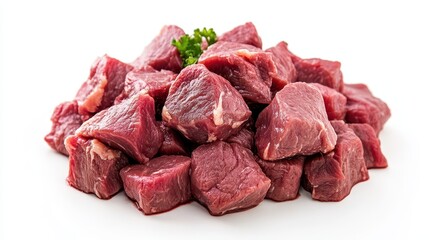 Obraz premium Beef stew meat, raw, piled in the center of a white background.