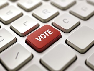 A striking 3D rendering of a keyboard featuring a vibrant red VOTE button among elegant white keys, symbolizing the urgency and importance of participating in elections and civic duties.