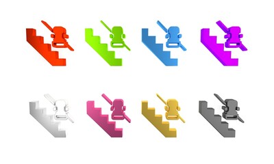 Colorful Disabled access elevator lift escalator icon isolated on white background. Movable mechanical chair platform for handicapped human. Minimalism concept. 3D render illustration
