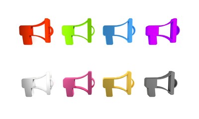 Colorful Megaphone icon isolated on white background. Speaker sign. Minimalism concept. 3D render illustration