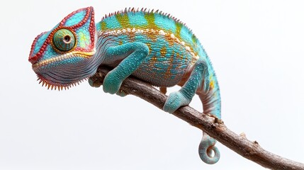 Obraz premium Bold and vibrant chameleon clinging to a branch, its colors changing slightly, on a white background