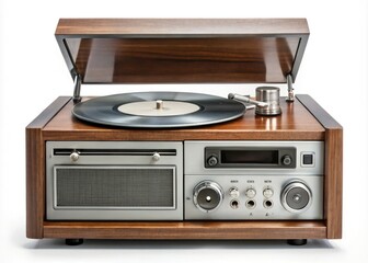 Fototapeta premium A retro-style audio device features a compact disc tray, tactile buttons, and a crisp digital display, blending vintage appeal with modern functionality.