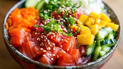 A colorful Hawaiian poke bowl, filled with fresh raw fish, vegetables, and rice, garnished with sesame seeds and soy sauce.