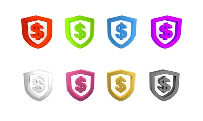 Colorful Shield with dollar symbol icon isolated on white background. Security shield protection. Money security concept. Minimalism concept. 3D render illustration